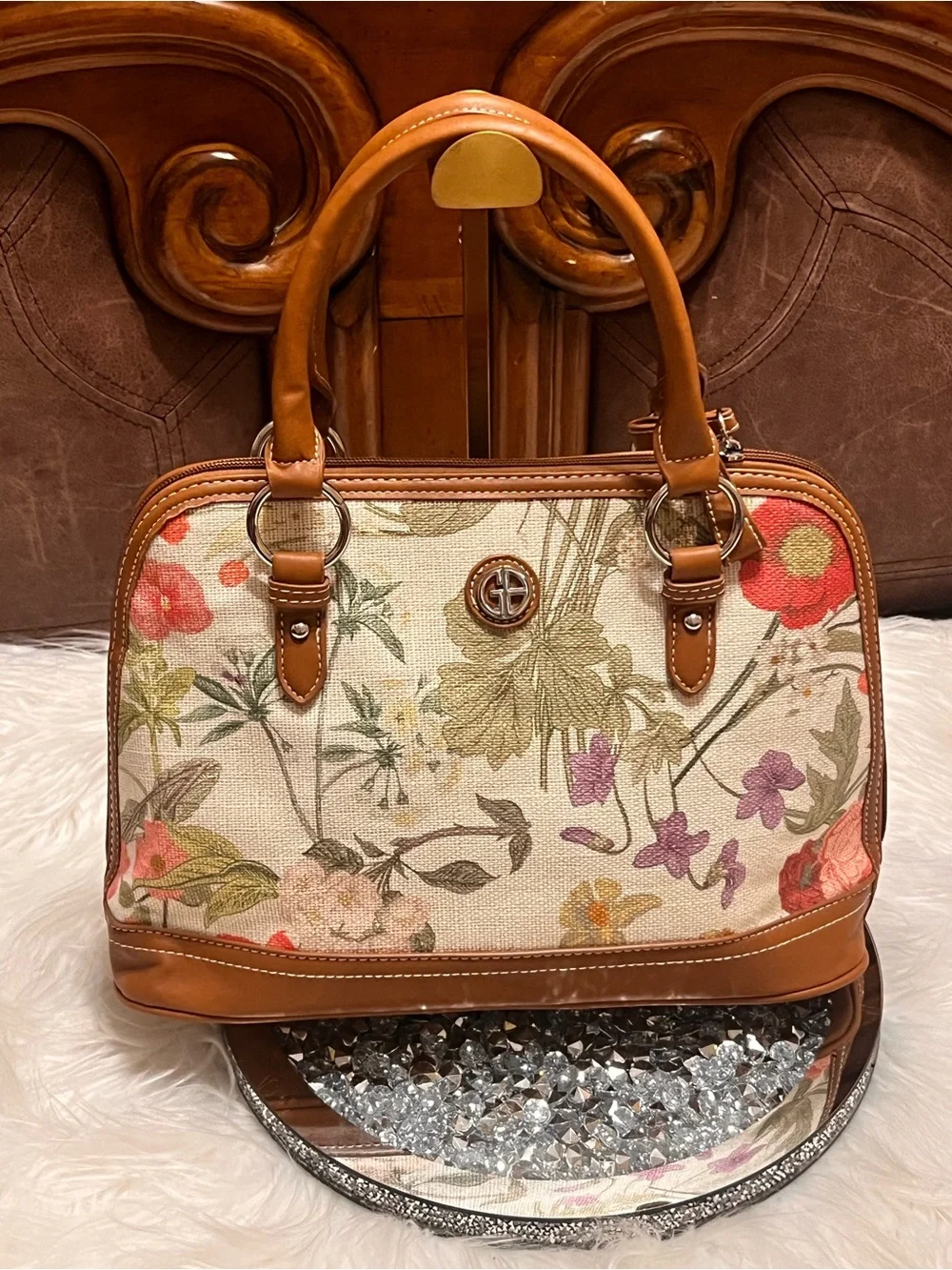 Gianni Bini Floral Canvas Satchel in Cream a handbag